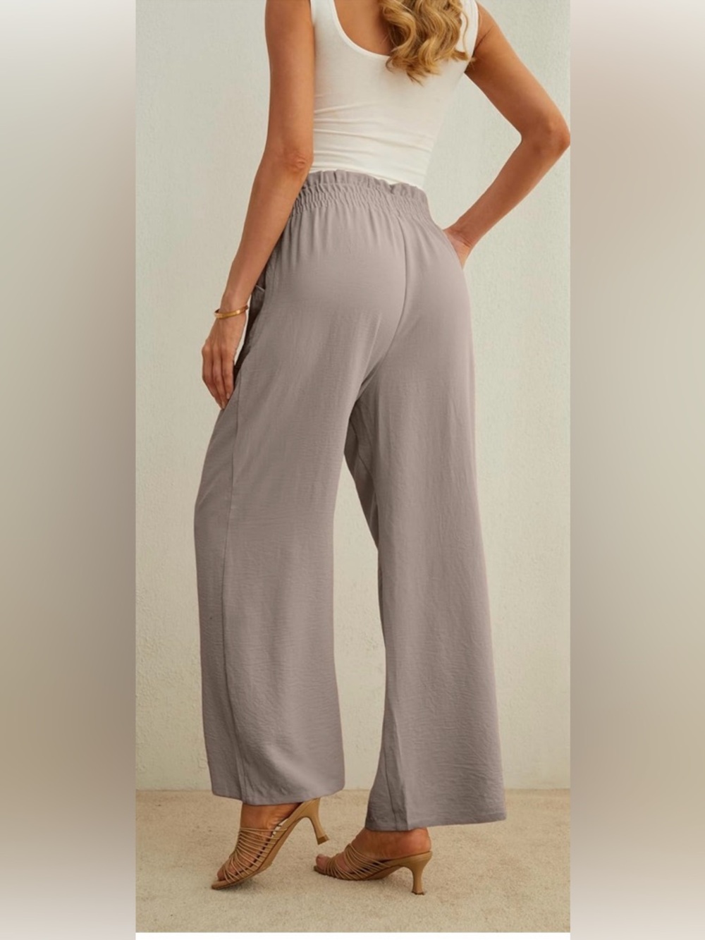 Wide-Leg Pants with Paperbag Waist in Light Khaki - Picture 2 of 7